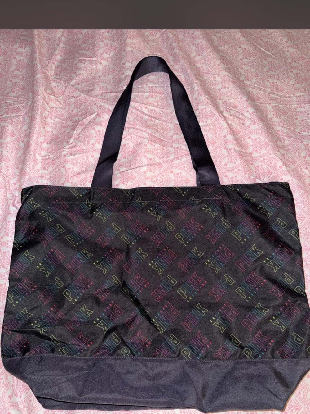 PINK Victoria's Secret Black Tote with Multicolor Logo Print